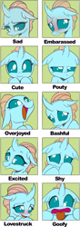 Size: 713x2022 | Tagged: safe, artist:nauyaco, ocellus (mlp), arthropod, changedling, changeling, equine, fictional species, friendship is magic, hasbro, my little pony, bashful, blushing, cute, diaocelles, embarrassed, emoji, excited, expressions, female, goofy, green background, lovestruck, open mouth, open smile, overjoyed, pouty, sad, shy, simple background, smiling, solo, solo female, tongue, tongue out