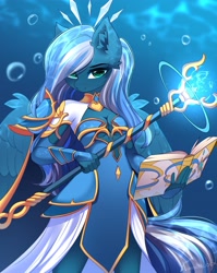 Size: 2931x3682 | Tagged: safe, artist:airiniblock, oc, oc only, oc:vivid tone, equine, fictional species, mammal, pegasus, pony, anthro, hasbro, my little pony, absolute cleavage, blue hair, blue mane, book, breasts, bubble, cleavage, clothes, dress, ear fluff, feather, female, flowing tail, fluff, gauntlets, glowing, green eyes, hair, hand, high res, jewelry, looking at you, mane, ocean, smiling, smiling at you, solo, solo female, spear, staff, sunbeam, sunlight, tail, underwater, water, weapon, wings