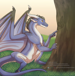 Size: 1262x1280 | Tagged: safe, artist:icy-marth, oc, oc only, oc:rykin (dragonpudding), dragon, fictional species, reptile, scaled dragon, western dragon, feral, 2022, dragon wings, grass, horns, male, plant, sitting, solo, solo male, tail, tree