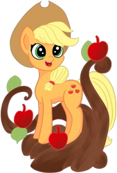 Size: 2574x3817 | Tagged: safe, artist:starsongdusk, applejack (mlp), earth pony, equine, fictional species, mammal, pony, feral, friendship is magic, hasbro, my little pony, 2022, apple, blonde hair, blonde mane, blonde tail, braids, clothes, eyelashes, female, food, fruit, hair, happy, hat, headwear, high res, mane, mare, open mouth, orange body, simple background, solo, solo female, stetson, tail, transparent background