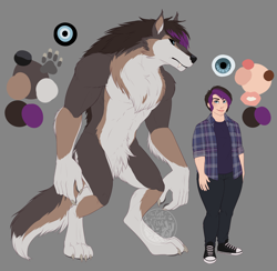 Size: 4360x4252 | Tagged: safe, artist:thecatnamedfish, oc, oc only, oc:kate (thecatnamedfish), canine, fictional species, human, mammal, werewolf, anthro, digitigrade anthro, 2020, absurd resolution, bipedal, bottomwear, breasts, chest fluff, clothes, ears, fangs, female, fluff, freckles, fur, hair, looking at you, multicolored hair, nonbinary, pants, plaid, plaid shirt, reference sheet, sharp teeth, shoes, solo, solo nonbinary, tail, teeth, topwear, two toned hair