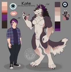 Size: 1265x1280 | Tagged: safe, artist:thecatnamedfish, oc, oc only, oc:kate (thecatnamedfish), canine, fictional species, human, mammal, werewolf, anthro, digitigrade anthro, base used, bipedal, bottomwear, breasts, chest fluff, clothes, ears, fangs, featureless breasts, female, fluff, freckles, fur, hair, looking at you, multicolored hair, nonbinary, pants, plaid, plaid shirt, pubic fluff, reference sheet, sharp teeth, shoes, solo, solo nonbinary, tail, teeth, topwear, two toned hair