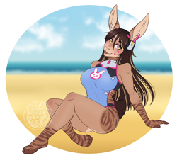 Size: 3484x3102 | Tagged: safe, artist:thecatnamedfish, d.va (overwatch), oc, oc only, lagomorph, mammal, rabbit, anthro, plantigrade anthro, blizzard entertainment, overwatch, 2021, beach, big breasts, breasts, buckteeth, clothes, commission, ears, female, fur, hair, headphones, headwear, long hair, looking at you, one-piece swimsuit, solo, solo female, striped fur, swimsuit, teeth