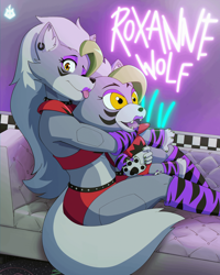 Size: 3600x4500 | Tagged: safe, artist:kirumo-kat, roxanne wolf (fnaf), animatronic, canine, mammal, robot, wolf, anthro, five nights at freddy's, five nights at freddy's: security breach, 2022, blep, bottomwear, choker, clothes, couch, cuddling, digital art, ear fluff, ear piercing, ears, eyelashes, female, fluff, fur, green hair, hair, hug, looking at you, one eye closed, open mouth, piercing, plushie, sharp teeth, shorts, shoulder pads, sitting, solo, solo female, sports bra, sports shorts, tail, teeth, tongue, tongue out, topwear
