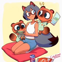 Size: 1332x1333 | Tagged: safe, artist:colodraws, michiru kagemori (bna), timmy nook (animal crossing), tommy nook (animal crossing), canine, mammal, raccoon dog, anthro, animal crossing, bna: brand new animal, nintendo, nintendo switch, 2020, black nose, bottomwear, chibi, chips, clothes, cute, digital art, drink, ears, eyelashes, female, food, fur, group, hair, kneeling, looking at each other, male, multicolored eyes, pillow, shirt, shorts, simple background, socks, soda, soda can, tail, topwear, trio, two toned eyes