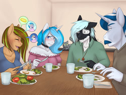 Size: 1024x768 | Tagged: safe, artist:thecatnamedfish, oc, oc only, oc:bubble lee (thecatnamedfish), oc:kiwi breeze (thecatnamedfish), oc:mako (blackblood-queen), oc:silver lining (thecatnamedfish), cat, cetacean, earth pony, equine, feline, fictional species, horse, mammal, orca, pony, unicorn, anthro, hasbro, my little pony, 2017, baby, breasts, cleavage, daughter, dinner, ears, eating, embarrassed, family, father, father and child, father and daughter, female, food, group, hair, husband, husband and wife, jewelry, male, mother, mother and daughter, mustache, necklace, nervous, salad, story included, tomato, wife, young