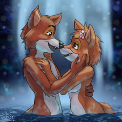 Size: 1200x1200 | Tagged: suggestive, alternate version, artist:heresyart, maid marian (robin hood), robin hood (robin hood), canine, fox, mammal, anthro, disney, robin hood (disney), 2016, black nose, breasts, canon ship, couple, digital art, duo, ears, eyelashes, female, flower, flower in hair, fur, hair, hair accessory, lake, looking at each other, male, male/female, nudity, open mouth, plant, sharp teeth, shipping, side view, sideboob, skinny dipping, tail, teeth, tongue, vixen, water, wide hips