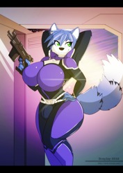 Size: 708x1000 | Tagged: suggestive, artist:dracojeff, krystal (star fox), canine, fox, mammal, anthro, nintendo, star fox, 2016, armpits, arms behind head, big breasts, black nose, breasts, bulge, clothes, commission, digital art, ears, eyelashes, firearm, four arms, fur, hair, intersex, intersex female, solo, solo intersex female, suit, tail, thighs, vixen, wide hips