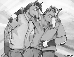 Size: 1294x1000 | Tagged: safe, artist:dbruin, equine, horse, mammal, anthro, duo, duo male, laughing, male, male/male, males only, monochrome