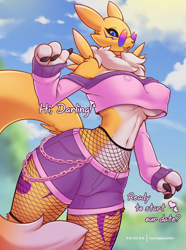 Size: 1080x1448 | Tagged: suggestive, artist:yourdigimongirl, fictional species, renamon, anthro, digimon, 2022, belly button, big breasts, black nose, bottomwear, breasts, cameltoe, clothes, dialogue, digital art, ears, evening gloves, eyelashes, female, fishnet, fishnet stockings, fluff, fur, glasses, gloves, heart, legwear, long gloves, looking at you, neck fluff, nipple outline, open mouth, pose, round glasses, see-through, sharp teeth, shorts, solo, solo female, stockings, sunglasses, tail, talking, tank top, teeth, text, thighs, tongue, topwear, wide hips