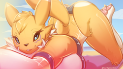 Size: 2000x1125 | Tagged: suggestive, artist:yourdigimongirl, fictional species, renamon, anthro, digitigrade anthro, digimon, 16:9, 2022, beach, bedroom eyes, big breasts, black nose, breasts, butt, clothes, digital art, ears, eyelashes, face down ass up, female, fluff, fur, gris swimsuit meme, hair, looking at you, lying down, neck fluff, one-piece swimsuit, paw pads, paws, pose, solo, solo female, swimsuit, tail, thighs, wallpaper, wedgie, wide hips