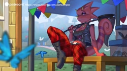 Size: 1280x720 | Tagged: safe, artist:alanscampos, flick (animal crossing), arthropod, butterfly, insect, reptile, anthro, animal crossing, animal crossing: new horizons, nintendo, 2020, bedroom eyes, belly button, belt, boots, bottomwear, breasts, clothes, detailed background, digital art, ears, eyelashes, female, jacket, looking at you, net, pants, punk, rule 63, scales, shirt, shoes, solo, solo female, tail, thighs, topwear, wide hips