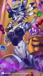 Size: 1125x2000 | Tagged: suggestive, artist:alanscampos, fictional species, weregarurumon, anthro, digimon, 2019, belly button, black nose, breasts, cameltoe, candy, choker, clothes, corset, costume, detailed background, digital art, ears, eating, eyelashes, fangs, female, food, fur, hair, halloween, halloween costume, hat, headwear, holiday, legwear, lollipop, looking at you, panties, phone, pumpkin bucket, sharp teeth, solo, solo female, stockings, tail, teeth, thighs, underwear, wide hips, witch hat