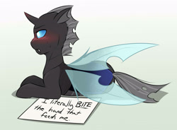 Size: 1898x1399 | Tagged: safe, artist:thecatnamedfish, oc, oc only, oc:imago (thecatnamedfish), arthropod, changeling, equine, fictional species, mammal, feral, friendship is magic, hasbro, my little pony, 2017, black body, blushing, ears, female, horn, implied straight, insect wings, lying down, prone, shaming, solo, solo female, tail, text, wings