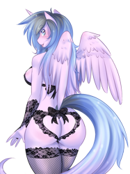 Size: 1024x1366 | Tagged: suggestive, artist:thecatnamedfish, oc, oc:artshine (mrscurlystyles), alicorn, equine, fictional species, mammal, pony, anthro, areola, areola slip, blushing, bow, breasts, butt, clothes, feathered wings, feathers, female, fishnet, fishnet stockings, hair, heart, heart eyes, horn, legwear, lingerie, multicolored hair, see-through, sideboob, solo, solo female, stockings, tail, tongue out, two toned hair, underwear, wingding eyes, wings