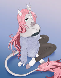 Size: 1024x1308 | Tagged: safe, artist:thecatnamedfish, oc, oc:rosie quartz (thecatnamedfish), classical unicorn, equine, fictional species, horse, mammal, unicorn, anthro, bare shoulders, bottomwear, bra, breasts, cleavage, clothes, female, fur, green eyes, hair, hooves, horn, lips, long hair, looking at you, multicolored fur, multicolored hair, pants, solo, solo female, sweater, tail, topwear, two toned body, two toned fur, two toned hair, underwear
