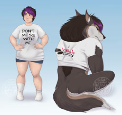 Size: 918x870 | Tagged: safe, artist:thecatnamedfish, oc, oc:kate (thecatnamedfish), canine, fictional species, human, mammal, werewolf, wolf, anthro, black sclera, bottomwear, breasts, clothes, colored sclera, ears, female, freckles, hair, multicolored hair, shirt, short shorts, shorts, socks, solo, solo female, tail, text, text on clothing, text on shirt, topwear, torn clothes, two toned hair