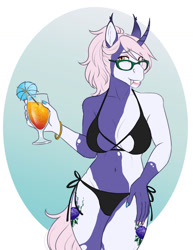 Size: 1024x1326 | Tagged: safe, artist:thecatnamedfish, oc, oc:tinker berry (thecatnamedfish), equine, fictional species, horse, mammal, pony, unicorn, anthro, hasbro, my little pony, absolute cleavage, bikini, breasts, cleavage, clothes, cutie mark, drink, ears, fangs, female, flower, fur, glass, glasses, hair, multicolored fur, plant, sharp teeth, side-tie bikini, solo, solo female, swimsuit, tail, teeth, transgender, two toned body, two toned fur, umbrella