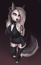 Size: 1286x2048 | Tagged: safe, artist:sukiskuki, loona (vivzmind), canine, fictional species, hellhound, mammal, anthro, digitigrade anthro, hazbin hotel, helluva boss, 2022, big breasts, breasts, clothes, ear fluff, female, fluff, gray hair, hair, long hair, looking at you, smiling, smiling at you, solo, solo female, tail, tail fluff, thighs