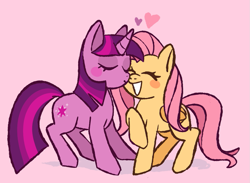 Size: 1011x740 | Tagged: safe, artist:mangozone, fluttershy (mlp), twilight sparkle (mlp), equine, fictional species, mammal, pegasus, pony, unicorn, feral, friendship is magic, hasbro, my little pony, 2020, blushing, cute, eyelashes, eyes closed, female, female/female, feral/feral, heart, horn, kissing, shipping, simple background, smiling, tail, twishy (mlp)
