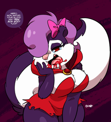 Size: 2000x2200 | Tagged: safe, artist:joaoppereiraus, fifi la fume (tiny toon adventures), fictional species, mammal, skunk, undead, vampire, anthro, tiny toon adventures, warner brothers, bedroom eyes, big breasts, blood, breasts, cleavage, fangs, female, hair, hair over one eye, licking, licking lips, looking at you, open mouth, open smile, sharp teeth, smiling, smiling at you, solo, solo female, teeth, thick thighs, thighs, tongue, tongue out, vampirella, wide hips