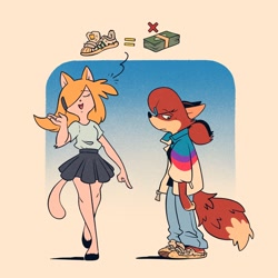 Size: 2048x2048 | Tagged: safe, artist:fox-popvli, oc, oc:patty (fox-popvli), canine, cat, feline, fox, mammal, red fox, anthro, duo, eyes closed, female, hair, hair over one eye, looking down, mini skirt, open mouth, open smile, smiling, thick thighs, thighs, vixen, walking, wide hips