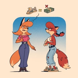 Size: 2048x2048 | Tagged: safe, artist:fox-popvli, oc, oc:patty (fox-popvli), canine, fox, mammal, anthro, bedroom eyes, big breasts, breasts, clothes, crop top, duo, female, open mouth, topwear, vixen, wide hips