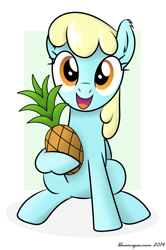 Size: 833x1251 | Tagged: safe, artist:bluemeganium, equine, fictional species, mammal, pegasus, pony, feral, cc by, creative commons, hasbro, my little pony, 2014, blonde hair, blonde mane, cyan body, female, food, fruit, hair, happy, looking at you, mane, mare, pineapple, sassaflash (mlp), sitting, solo, solo female