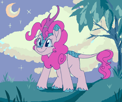 Size: 3600x3000 | Tagged: safe, artist:brainiac, pinkie pie (mlp), equine, fictional species, kirin, mammal, feral, friendship is magic, hasbro, my little pony, 2022, aseprite, eyelashes, female, hair, high res, horn, kirin-ified, leonine tail, mane, mare, pink hair, pink mane, pink tail, pixel art, smiling, solo, solo female, species swap, tail