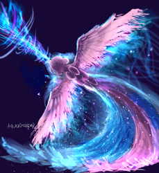 Size: 939x1024 | Tagged: safe, artist:aquagalaxy, twilight sparkle (mlp), alicorn, equine, fictional species, mammal, pony, feral, friendship is magic, hasbro, my little pony, 2014, feathered wings, feathers, female, gradient background, hooves, magic, mare, signature, solo, solo female, tail, wings