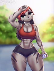 Size: 972x1280 | Tagged: safe, artist:aozee, oc, oc only, lagomorph, mammal, rabbit, anthro, 2022, abs, bedroom eyes, belly button, black nose, bottomwear, breasts, clothes, digital art, ears, eyelashes, female, floppy ears, fur, hair, holding, muscles, muscular female, open mouth, shorts, solo, solo female, sports bra, sports shorts, tail, thighs, topwear, water bottle, wide hips, workout