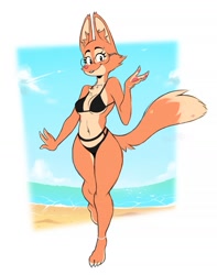 Size: 1013x1283 | Tagged: safe, artist:forestbite, diane foxington (the bad guys), canine, fox, mammal, anthro, dreamworks animation, the bad guys, 2022, absolute cleavage, anklet, barefoot, beach, belly button, big breasts, bikini, black bikini, black swimsuit, border, breasts, claws, cleavage, clothes, feet, female, glasses, greeting, jewelry, looking at you, necklace, ocean, sky, smiling, smiling at you, solo, solo female, swimsuit, thick thighs, thighs, toe claws, toes, vixen, walking, water, white border, wide hips