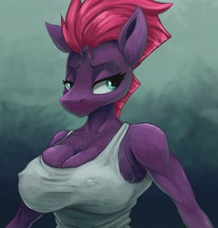 Size: 3912x4096 | Tagged: suggestive, artist:ryanmandraws, tempest shadow (mlp), equine, fictional species, mammal, pony, unicorn, anthro, friendship is magic, hasbro, my little pony, my little pony: the movie, 2022, absurd resolution, big breasts, braless, breast overpour, breasts, broken horn, bust, clothes, female, fur, horn, muscles, muscular female, nipple outline, portrait, purple body, purple fur, solo, solo female, tank top, topwear