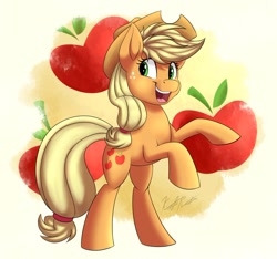 Size: 1200x1123 | Tagged: safe, artist:kaylerustone, applejack (mlp), earth pony, equine, fictional species, mammal, pony, feral, friendship is magic, hasbro, my little pony, 2020, 2d, blonde hair, blonde mane, blonde tail, braid, clothes, cowboy hat, cute, female, hair, hat, headwear, looking at you, mane, mare, open mouth, orange body, rearing, solo, solo female, stetson, tail, tail band