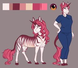 Size: 2992x2617 | Tagged: safe, artist:thecatnamedfish, oc, oc:impala lily (thecatnamedfish), classical unicorn, equine, fictional species, hybrid, mammal, pony, unicorn, zebra, zony, anthro, feral, breasts, clothes, ears, female, fur, hair, hooves, horn, looking at you, multicolored fur, multicolored hair, reference sheet, scrubs, solo, solo female, striped fur, tail, two toned body, two toned fur, two toned hair