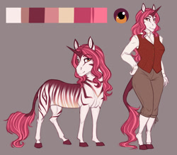 Size: 1024x896 | Tagged: safe, artist:thecatnamedfish, oc, oc:impala lily (thecatnamedfish), classical unicorn, equine, fictional species, hybrid, mammal, pony, unicorn, zebra, zony, anthro, feral, bottomwear, breasts, clothes, ears, female, fur, hair, hooves, horn, looking at you, multicolored fur, multicolored hair, pants, reference sheet, solo, solo female, striped fur, tail, two toned body, two toned fur, two toned hair