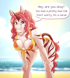 Size: 1024x1141 | Tagged: suggestive, artist:thecatnamedfish, oc, oc:impala lily (thecatnamedfish), classical unicorn, equine, fictional species, hybrid, mammal, pony, unicorn, zebra, zebroid, zony, anthro, 2020, bent over, big breasts, bikini, breasts, cleavage, clothes, ears, female, fur, hair, horn, looking at you, mare, multicolored fur, multicolored hair, solo, solo female, striped fur, swimsuit, tail, two toned body, two toned fur, two toned hair, worried, zebracorn