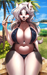 Size: 2170x3469 | Tagged: suggestive, artist:viejillox, loona (vivzmind), canine, fictional species, hellhound, mammal, anthro, art pack:milf festival, hazbin hotel, helluva boss, 2022, bikini, breasts, cameltoe, clothes, ear fluff, female, fluff, glasses, glasses off, hair, huge breasts, long hair, looking at you, mature, mature female, nipple outline, silver hair, solo, solo female, sunglasses, swimsuit, tail, tail fluff, thick thighs, thighs