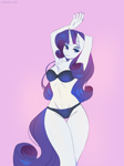 Size: 1000x1345 | Tagged: safe, alternate version, artist:margony, rarity (mlp), equine, fictional species, mammal, pony, unicorn, anthro, friendship is magic, hasbro, my little pony, 2020, anthrofied, arms behind head, blue eyes, bra, breasts, chest fluff, clothes, ear fluff, female, fluff, hair, hand, hands, horn, lidded eyes, looking at you, mane, mare, nail polish, panties, purple hair, purple mane, purple tail, simple background, smiling, solo, solo female, tail, thick thighs, thighs, underwear, white body