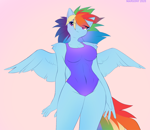 Size: 1000x867 | Tagged: safe, artist:margony, rainbow dash (mlp), equine, fictional species, mammal, pegasus, pony, anthro, friendship is magic, hasbro, my little pony, 2020, anthrofied, blue body, breasts, clothes, feathered wings, feathers, female, hair, hands, mane, mare, rainbow hair, rainbow mane, rainbow tail, simple background, solo, solo female, swimsuit, tail, thick thighs, thighs, wings