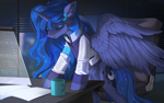 Size: 1596x998 | Tagged: safe, artist:margony, princess luna (mlp), alicorn, equine, fictional species, mammal, pony, feral, detroit: become human, friendship is magic, hasbro, my little pony, 2021, art trade, chair, collared shirt, desk, ear fluff, feathered wings, feathers, female, fluff, hair, horn, indoors, mane, mug, night, office, office chair, paper, screen, solo, solo female, tail, tired, wings