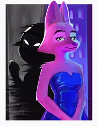 Size: 1583x2048 | Tagged: safe, artist:_ellari_, diane foxington (the bad guys), canine, fox, mammal, anthro, dreamworks animation, the bad guys, 2022, breasts, cleavage, clothes, dress, female, glowing, glowing eyes, jewelry, looking at you, necklace, shadow, smiling, smiling at you, solo, solo female, vixen