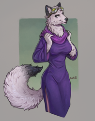 Size: 1726x2198 | Tagged: safe, artist:birdoffnorth, canine, fox, mammal, anthro, 2022, arch-druidess (disenchantment), breasts, clothes, disenchantment (series), female, fur, goggles, hood, paws, robe, smiling, solo, solo female, tail, white body, white fur