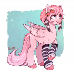 Size: 1920x1893 | Tagged: safe, artist:birdoffnorth, oc, oc only, oc:berry blush, equine, fictional species, mammal, pegasus, pony, feral, hasbro, my little pony, 2021, clothes, commission, feathered wings, feathers, female, folded wings, fur, hair, hooves, legwear, mane, mare, pink body, pink fur, pink tail, pink wings, smiling, socks, solo, solo female, striped clothes, striped legwear, tail, unshorn fetlocks, wings