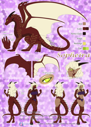 Size: 914x1280 | Tagged: safe, artist:icy-marth, oc, oc only, oc:sopheira (icy-marth), animal humanoid, dragon, fictional species, mammal, reptile, scaled dragon, western dragon, anthro, feral, humanoid, 2022, body markings, breasts, dragon wings, female, horns, midriff, red scales, reference sheet, scales, smiling, solo, solo female, wings