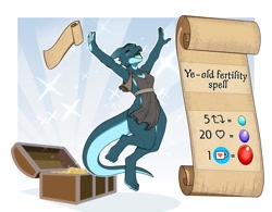 Size: 1973x1538 | Tagged: safe, artist:oldpapasoul, fictional species, kobold, reptile, anthro, female, horns, scroll, solo, solo female, tail, treasure chest