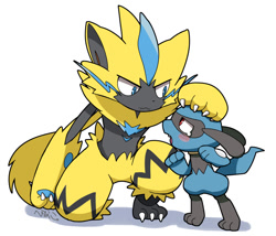 Size: 800x686 | Tagged: safe, artist:hinakoiroiro, fictional species, legendary pokémon, mammal, mythical pokémon, riolu, zeraora, anthro, nintendo, pokémon, ambiguous gender, blue body, blue eyes, blue fur, blue marking, claws, cute, cute little fangs, duo, fangs, fur, gray body, gray fur, hand on head, looking at each other, open mouth, red eyes, shadow, sharp teeth, tears, teeth, toe claws, toes, tongue, white claws, yellow body, yellow fur, young, younger