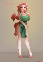 Size: 2656x3780 | Tagged: suggestive, artist:miokomata, oc, oc only, oc:summer peach, bovid, cattle, cow, mammal, anthro, 2022, apron, big breasts, blushing, breasts, clasped hands, clothes, feathered wings, feathers, female, high res, hooves, horns, looking at you, nipple outline, nudity, partial nudity, simple background, smiling, smiling at you, solo, solo female, tail, wings