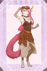 Size: 853x1280 | Tagged: safe, artist:diesel_wiesel, artist:volcanins, cat, feline, mammal, anthro, 2017, clothes, corset, feather, female, flower, fur, gloves, goggles, green eyes, hair, long gloves, pink hair, plant, rose, solo, solo female, steampunk, white body, white fur