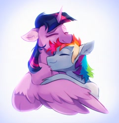 Size: 1974x2048 | Tagged: safe, artist:p3stie, rainbow dash (mlp), twilight sparkle (mlp), alicorn, equine, fictional species, mammal, pegasus, pony, feral, friendship is magic, hasbro, my little pony, 2022, cute, duo, duo female, eyes closed, feathered wings, feathers, female, female/female, females only, feral/feral, hair, high res, horn, hug, mane, nuzzling, shipping, simple background, smiling, twidash (mlp), white background, wings